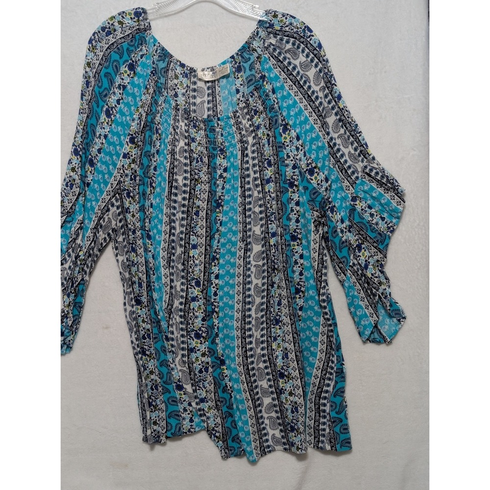 Terra & Sky Womens 3X Plus Size Turquoise Paisley Floral Peasant Blouse Top